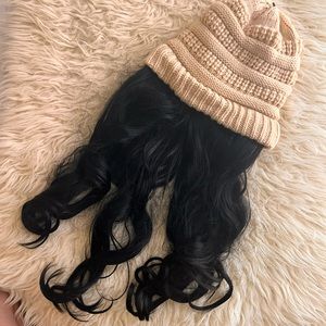 Knit Beanie Cap with 20'' Hair Extensions Synthetic Wavy Curly Hairpiece